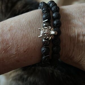 Lava Stone Beaded Bracelets with Wolf Charm